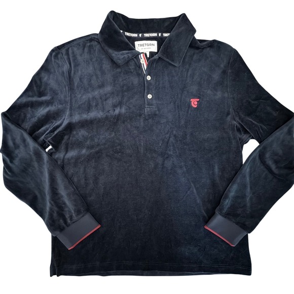 Tretorn Mens Velour Long Sleeve Polo Shirt Embroidered Logo Preppy Navy Blue - Picture 1 of 4
